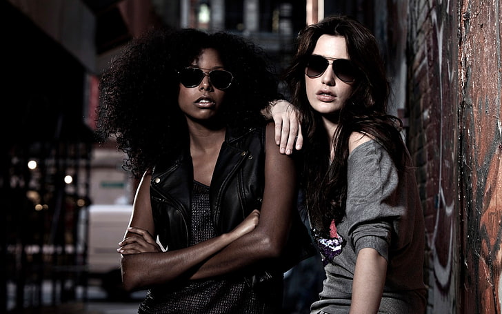 women's black leather vest, brunette, face, mulatto, sunglasses, model, HD wallpaper