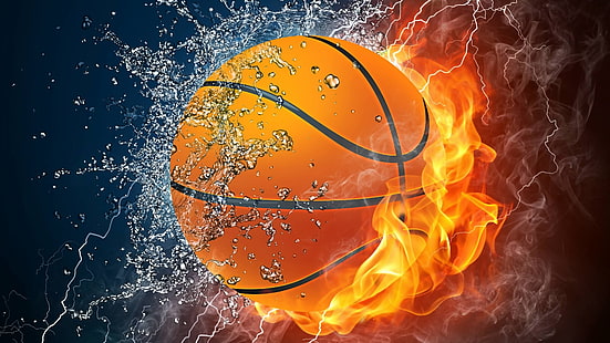 Баскетбол, художественный, мяч, пламя, вода, HD обои HD wallpaper