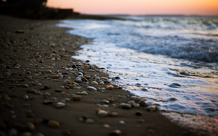 strand, kieselsteine, meer, schärfentiefe, küstenlinie, HD-Hintergrundbild
