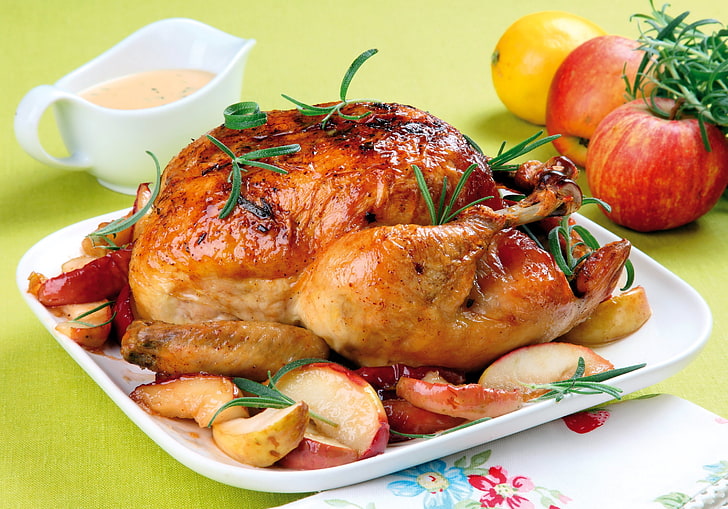 turkey dish, chicken, apples, grilled, herbs, HD wallpaper