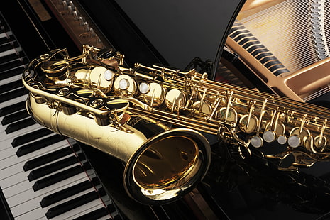 gold saxophon, music, keys, tool, piano, plan, musical, saxophone, wallpaper., instrument, HD wallpaper HD wallpaper