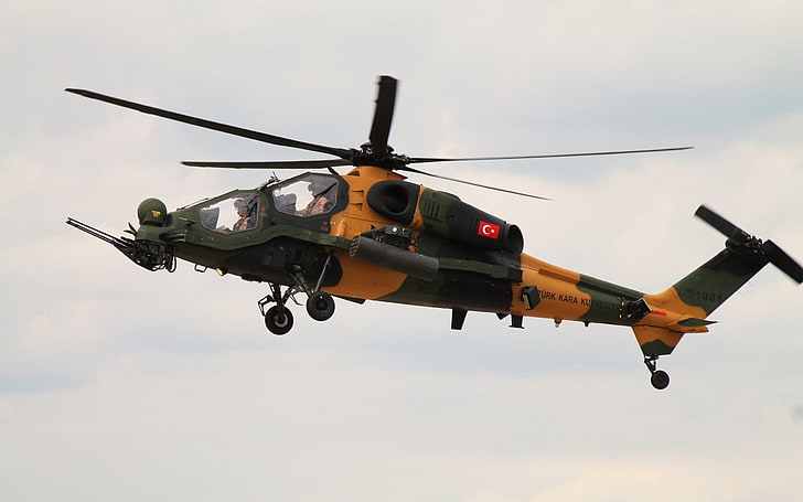 czarno-pomarańczowy helikopter, samolot, tureckie siły powietrzne, helikoptery, samoloty wojskowe, TAI / AgustaWestland T129, Turkish Aerospace Industries, Tapety HD