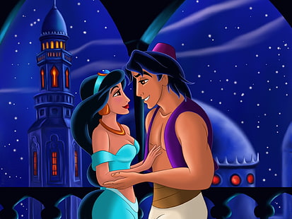 Aladdin and Princess Jasmine ilustracja, miłość, rysunek, opowieść, wschód, okno, łuk, balkon, księżniczka, Aladyn, film, minaret, Jasmine, historia miłosna, fanart, Walt Disney, film animowany, bajka, Razem na zawsze, Bagdad, Arabian noc, Tapety HD HD wallpaper