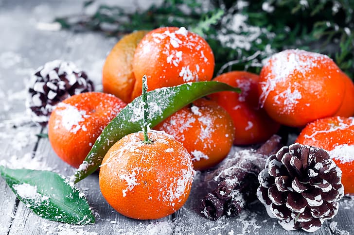 snow, decoration, New Year, Christmas, wood, winter, fruit, tangerines, tangerine, Merry, fir tree, fir-tree branches, mandarines, HD wallpaper