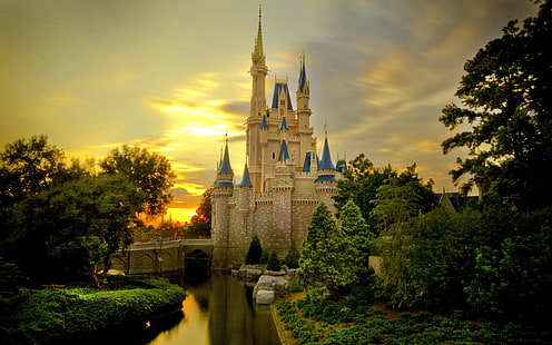 castillo, Cenicienta, puesta de sol, 4k, 8k, Fondo de pantalla HD HD wallpaper
