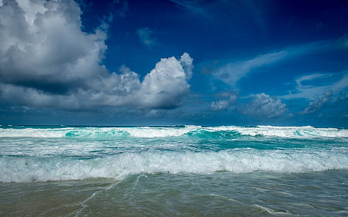 blå havsvåg, natur, landskap, hav, strand, vågor, moln, himmel, Seychellerna, ö, tropisk, vatten, blå, sommar, HD tapet HD wallpaper