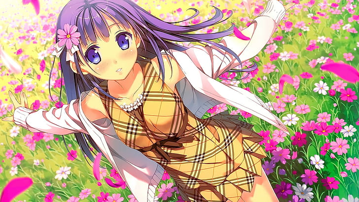 anime, anime girls, Kantoku, flowers, field, hair ornament, Afterschool of the 5th year, original characters, HD wallpaper