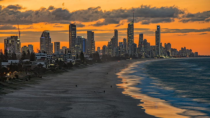 skyline, cityscape, city, sky, sunset, shore, dusk, skyscraper, ocean, evening, surfers paradise, australia, gold coast, HD wallpaper