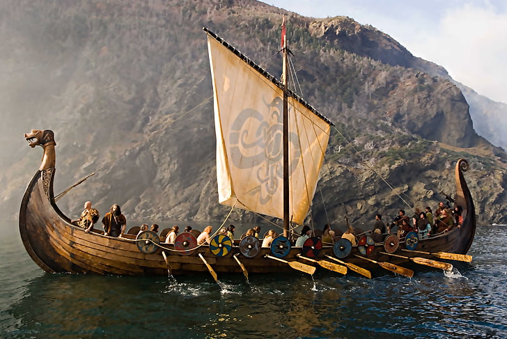 коричневый парусник, море, викинги, «корабль-дракон», драккар, моряки, HD обои