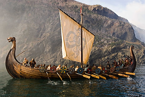 barco à vela marrom, mar, os vikings, 