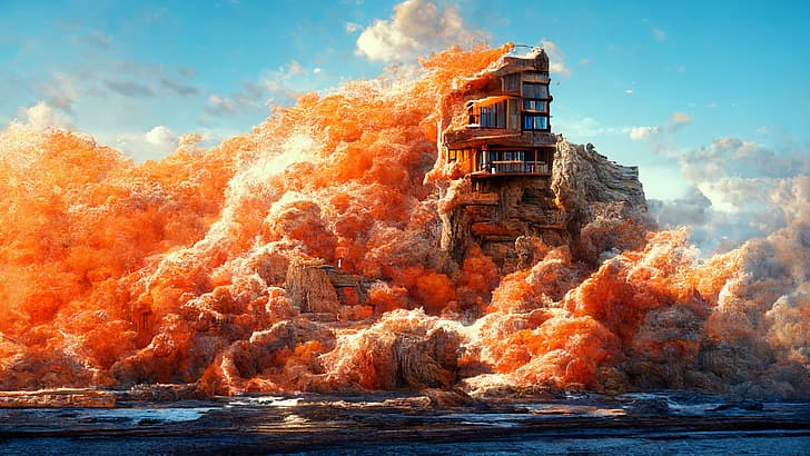 house, cliff, storm, orange, fire, ocean view, HD wallpaper