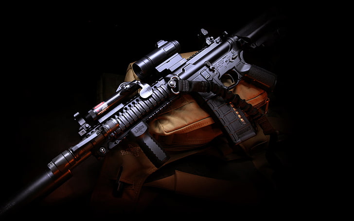 senapan serbu hitam, senjata, senjata, tas, senja, senjata, muffler, wallpaper hd, senapan serbu, Larue Tactical, serbu karabin, Wallpaper HD