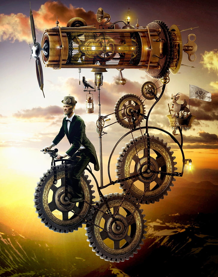 man ride-on mechanical bicycle with aircraft cover, steampunk, gears, metal, digital art, men, flying, flag, portrait display, propeller, chains, cat, birds, HD wallpaper
