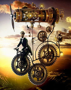 bicicletta meccanica uomo cavalcabile con copertura dell'aeromobile, steampunk, ingranaggi, metallo, arte digitale, uomini, volare, bandiera, visualizzazione verticale, elica, catene, gatto, uccelli, Sfondo HD HD wallpaper