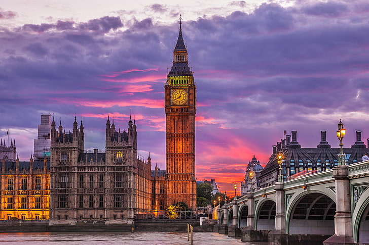 Elizabeth Tower, London, bro, staden, floden, England, London, Storbritannien, Themsen, Big Ben, Palace of Westminster, Storbritannien, Westminster Palace, HD tapet