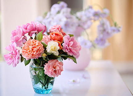разнообразие цветов и центральная ваза из синего стекла, розы, цветы, сад, цветок, ваза, HD обои HD wallpaper