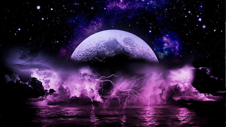 night stars, moon, eletric, clouds, purple, space, HD wallpaper