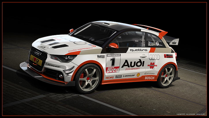 white and red Audi 3-door hatchback, sport, tuning, the audi a1 quattro, 3d drawing, HD wallpaper