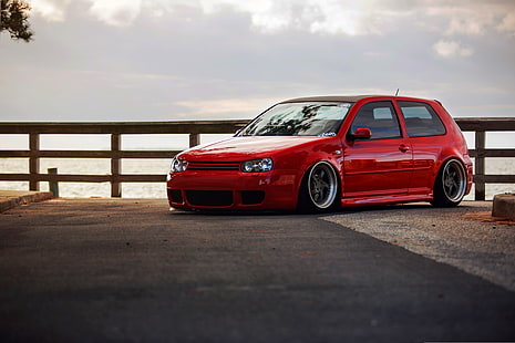 red 3-door hatchback, red, Golf, Volkswagen, stance, MK4, HD wallpaper HD wallpaper