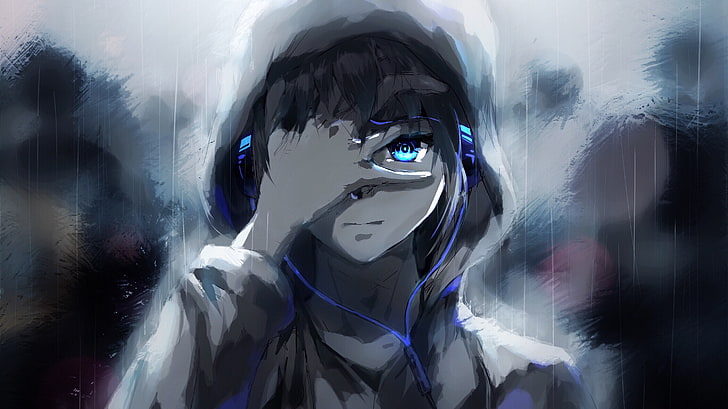 Anime boy, hoodie, blue eyes, headphones, painting, Anime, HD wallpaper |  Wallpaperbetter