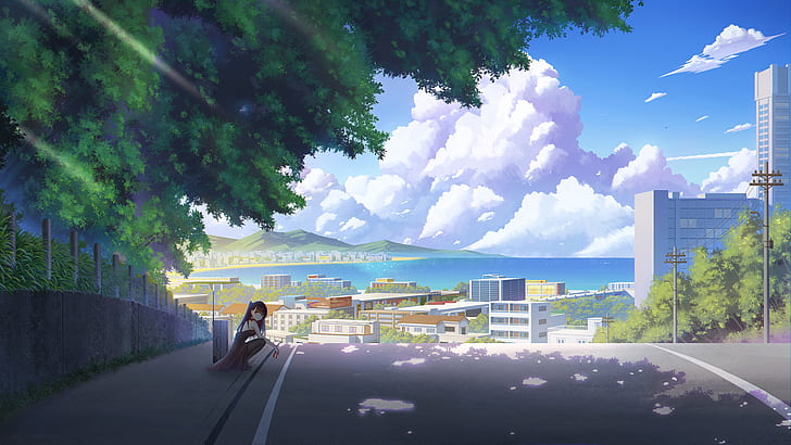 Girls Frontline, trees, fence, road, squatting, clouds, sky, dappled sunlight, suitcase, WA2000 (Girls Frontline), HD wallpaper