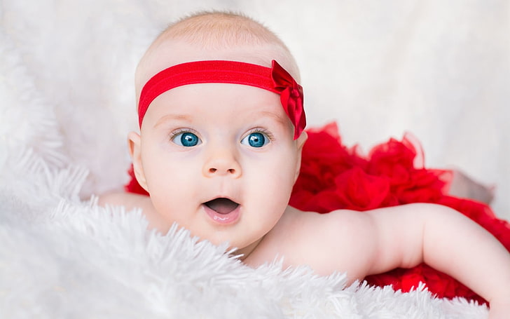 달콤한 아기 파란 눈과 분홍색 입술, 빨간 머리 장식, 아기, 파랑, 입술, 귀여운, 눈, HD 배경 화면