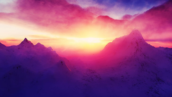 summit painting, mountains, sunlight, landscape, snow, nature, sky, clouds, HD wallpaper