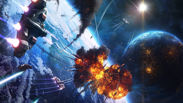 spacecraft digital wallpaper, explosion, spaceship, space, planet, battle, science fiction, HD wallpaper