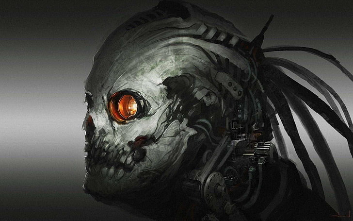 skull, robot, cyborg, artwork, science fiction, HD wallpaper