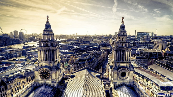 twin tower digital wallpaper, cathedral, rooftops, London, St. Paul's Cathedral, city, cityscape, old building, sepia, HD wallpaper