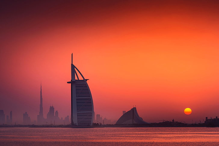 Burj Al Arab, il cielo, il sole, l'alba, Dubai, Emirati Arabi Uniti, Jumeirah beach hotel, Burj Al Arab, Sfondo HD