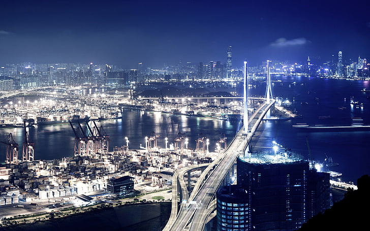 香港、都市景観、人工照明、ストーンカッターズブリッジ、港、夜、 HDデスクトップの壁紙