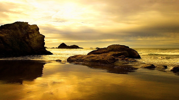 brown rock formation, nature, sea, coast, HD wallpaper