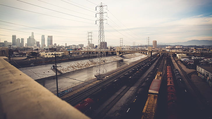 cityscape, freight train, landscape, train, Los Angeles, HD wallpaper