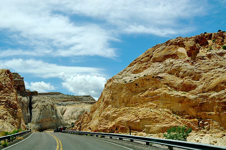 concrete road between rock mountain, highway 24, utah, highway 24, utah, Scenic Drive, Highway 24, Utah, concrete road, rock mountain, travel, vacation, trip, west  southwest, scenic-drive, nature, landscape, scenery, on-road, 西部, 风景, blue-sky, view, sandstone, hill, road, rock - Object, mountain, desert, outdoors, scenics, canyon, uSA, highway, HD wallpaper