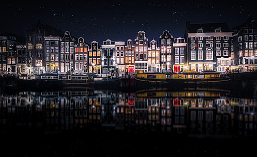 reflet, nuit, ville, maison, Amsterdam, Pays-Bas, Fond d'écran HD HD wallpaper