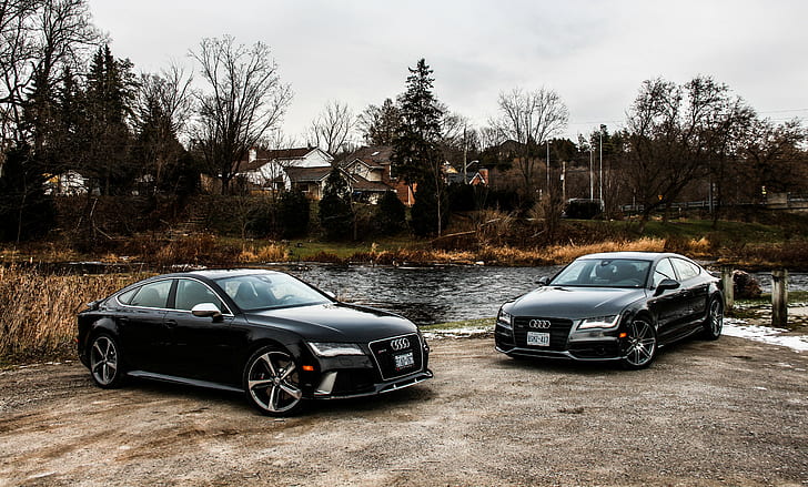 Audi, RS7 nero, nero, Audi, RS7, due, natura, Sfondo HD
