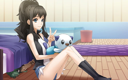 kat resimde oturan kadın anime karakteri, Pokémon, Pokemon: Siyah ve Beyaz, Oshawott (Pokémon), HD masaüstü duvar kağıdı HD wallpaper