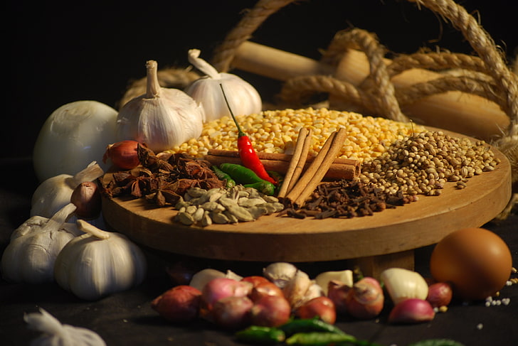 garlic and spices, grain, garlic, spices, seasonings, pepper, rope, HD wallpaper