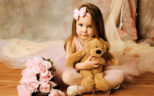 Niña con osito de peluche, Little, Girl, Teddy, Bear, Fondo de pantalla HD HD wallpaper