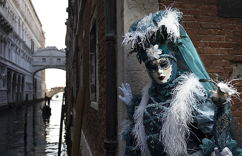 pióra, maska, kostium, Wenecja, kanał, karnawał, Tapety HD HD wallpaper