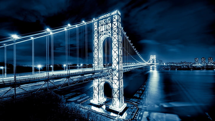 Jembatan Brooklyn, Brooklyn, lampu, jembatan, Jembatan George Washington, Kota New York, lanskap kota, malam, Wallpaper HD