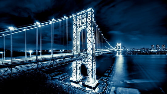 Brooklyn Bridge, Brooklyn, światła, most, George Washington Bridge, Nowy Jork, pejzaż miejski, noc, Tapety HD HD wallpaper