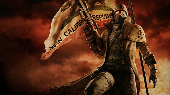 pria mengenakan jubah dan helm memegang senapan hitam sambil berdiri di samping wallpaper digital bendera California Republic, Fallout, Fallout: New Vegas, NCR, penjaga, penembak jitu, Wallpaper HD HD wallpaper
