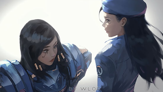 uniformed anime character, video games, Ana (Overwatch), Pharah (Overwatch), Overwatch, WLOP, HD wallpaper HD wallpaper