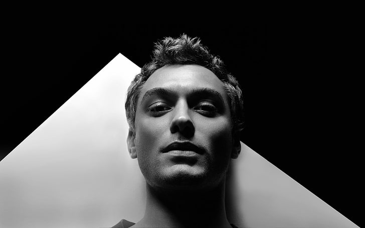 grayscale photo of man, actor, jude law, portrait, face, style, black white, HD wallpaper