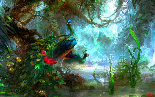 pavoni fantasia arte uccelli vigne foresta, Sfondo HD HD wallpaper