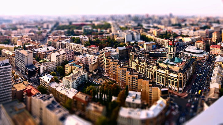 фотография на накланяне на сгради, въздушна фотография на високи сгради, градски пейзаж, сграда, размита, смяна на наклон, Киев, Украйна, HD тапет