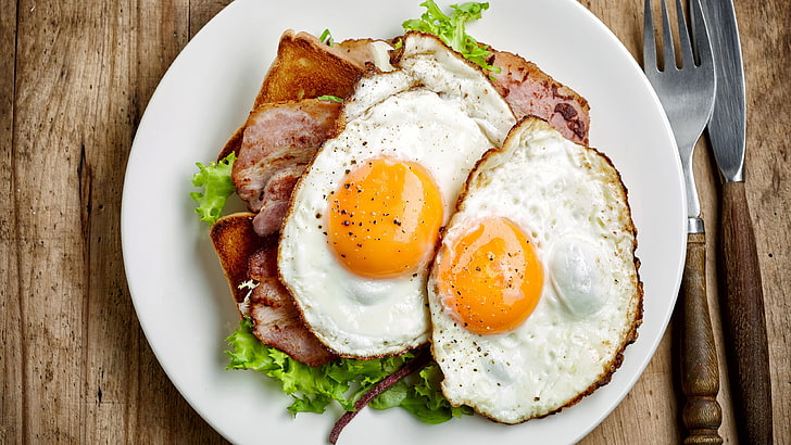 telur goreng, telur, makanan, sarapan lengkap, sarapan, bacon, makan, brunch, Wallpaper HD