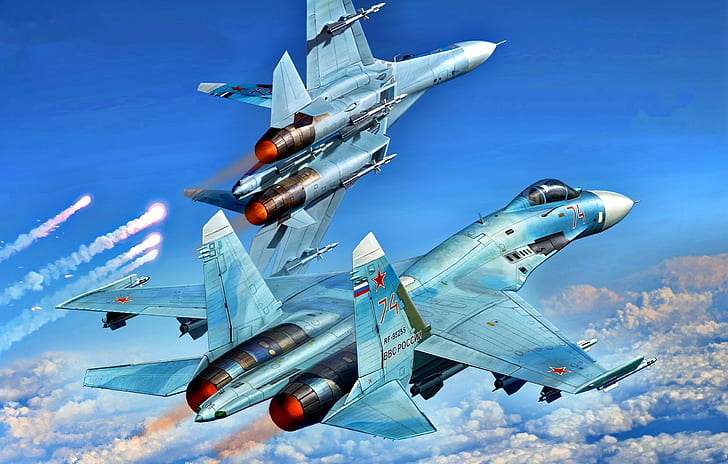 Pair, multipurpose, highly maneuverable, Videoconferencing Russia, all-weather fighter-interceptor, the aircraft superiority in the air, Su-27, HD wallpaper